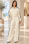 Women's Contrast-Stripe Cropped Zip Hoodie & Wide-Leg Pants Set