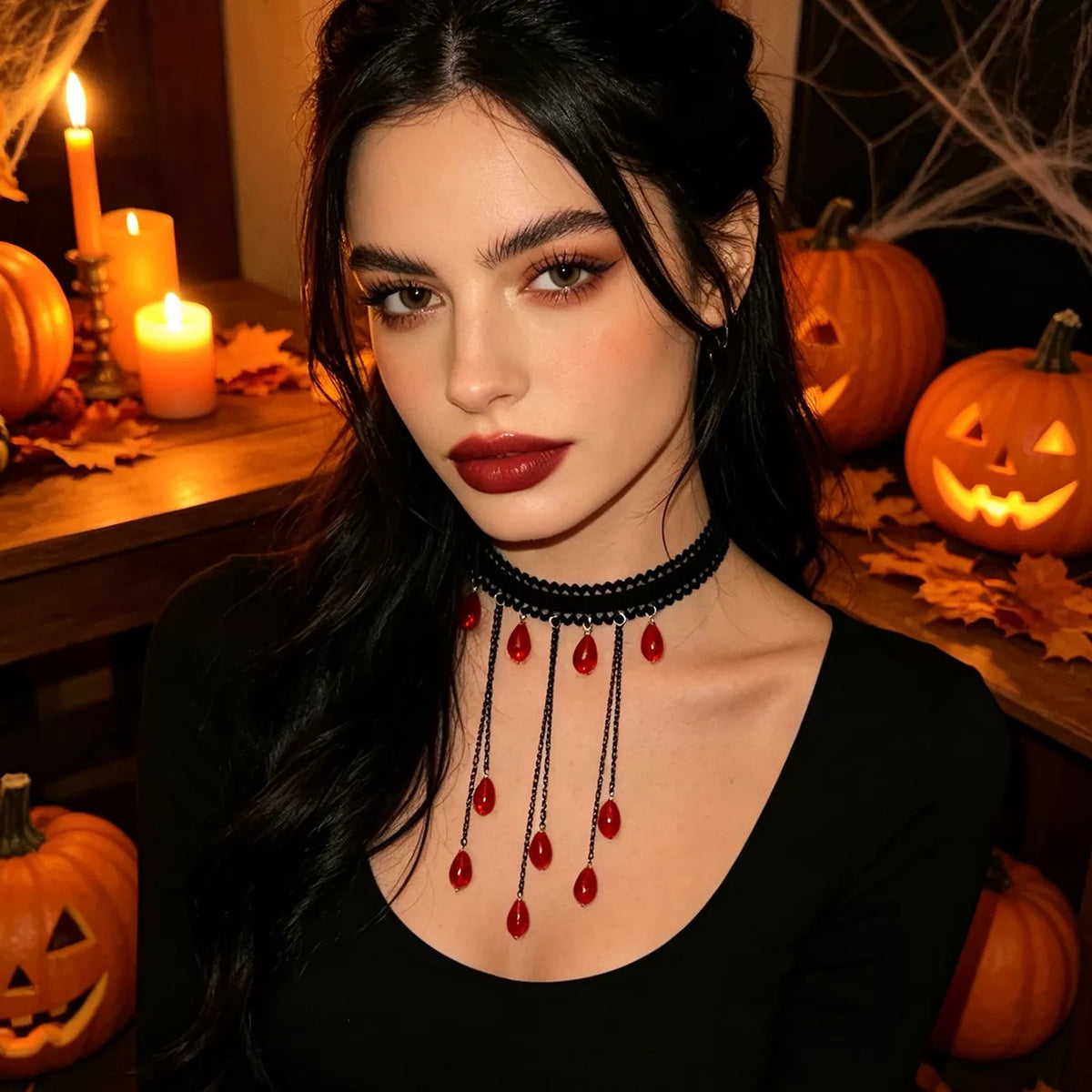 Gothic Lace Choker Necklace with Teardrop Dangle Charms