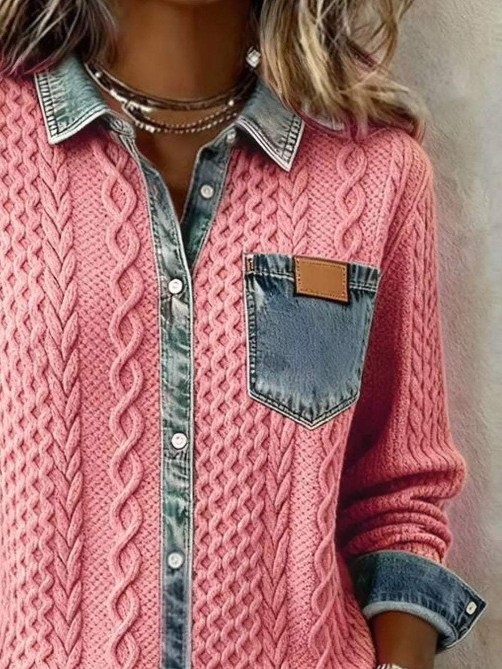 Denim Trim Cable Knit Cardigan