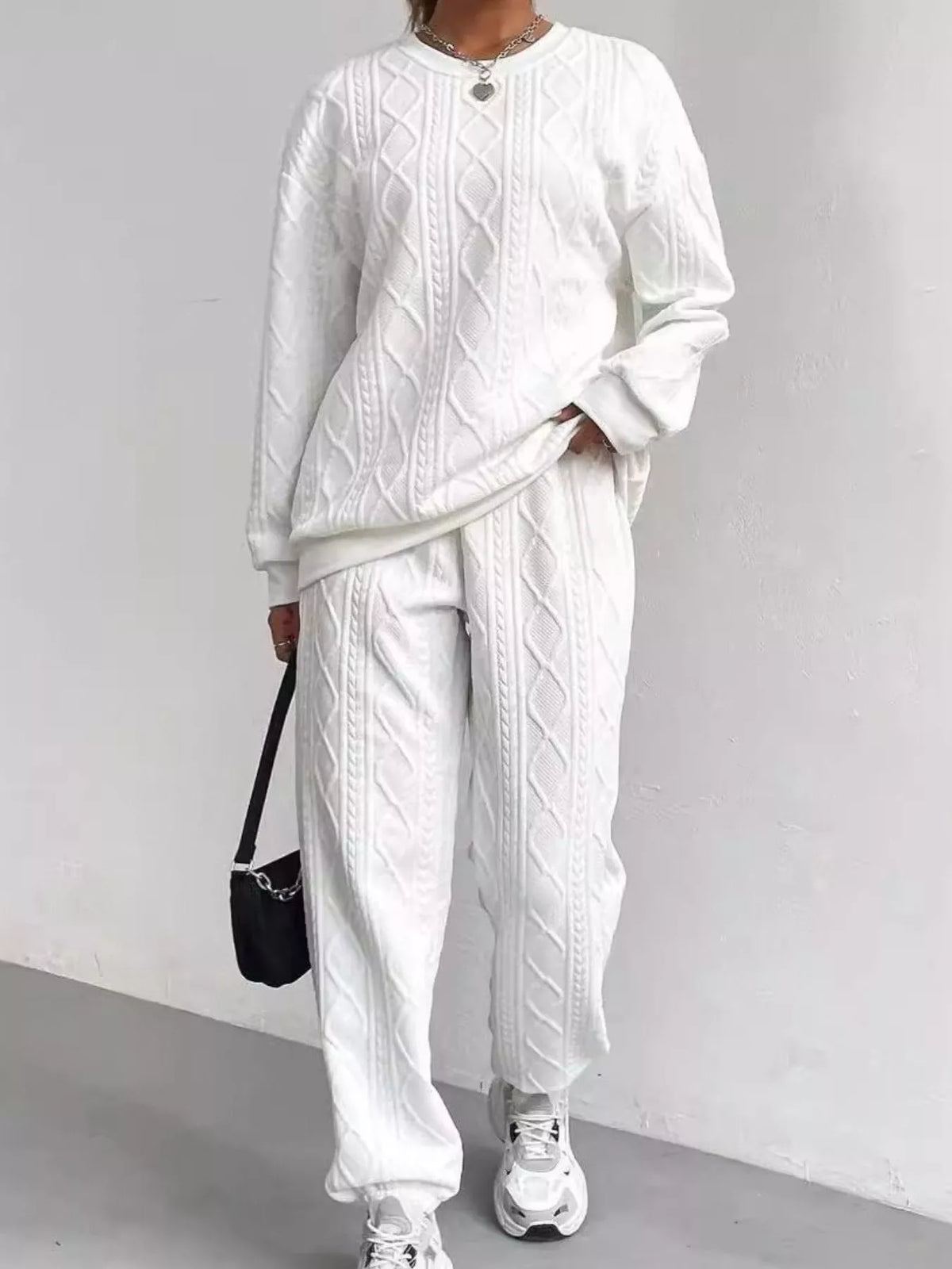 Texture Round Neck Top and Pants Set