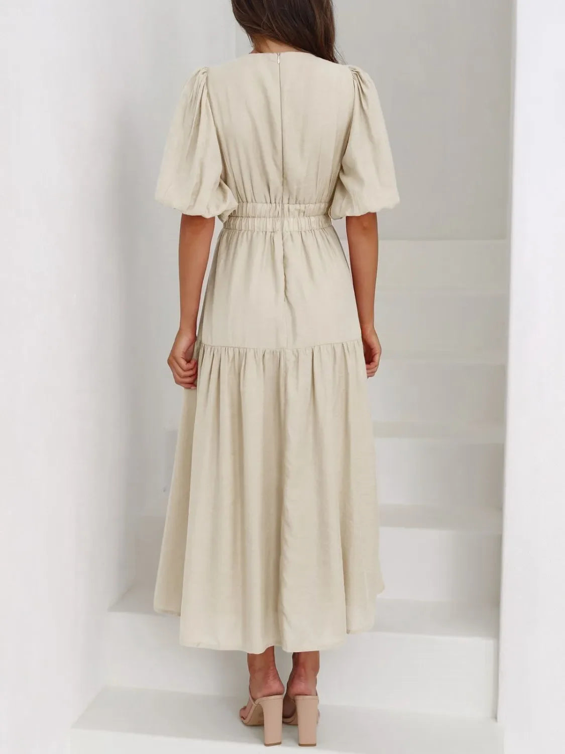 V-Neck Puff Sleeve Midi Dress