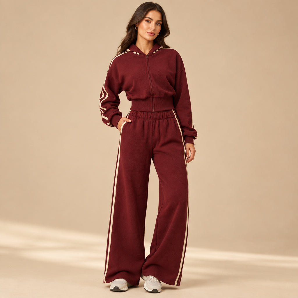 Women's Contrast-Stripe Cropped Zip Hoodie & Wide-Leg Pants Set