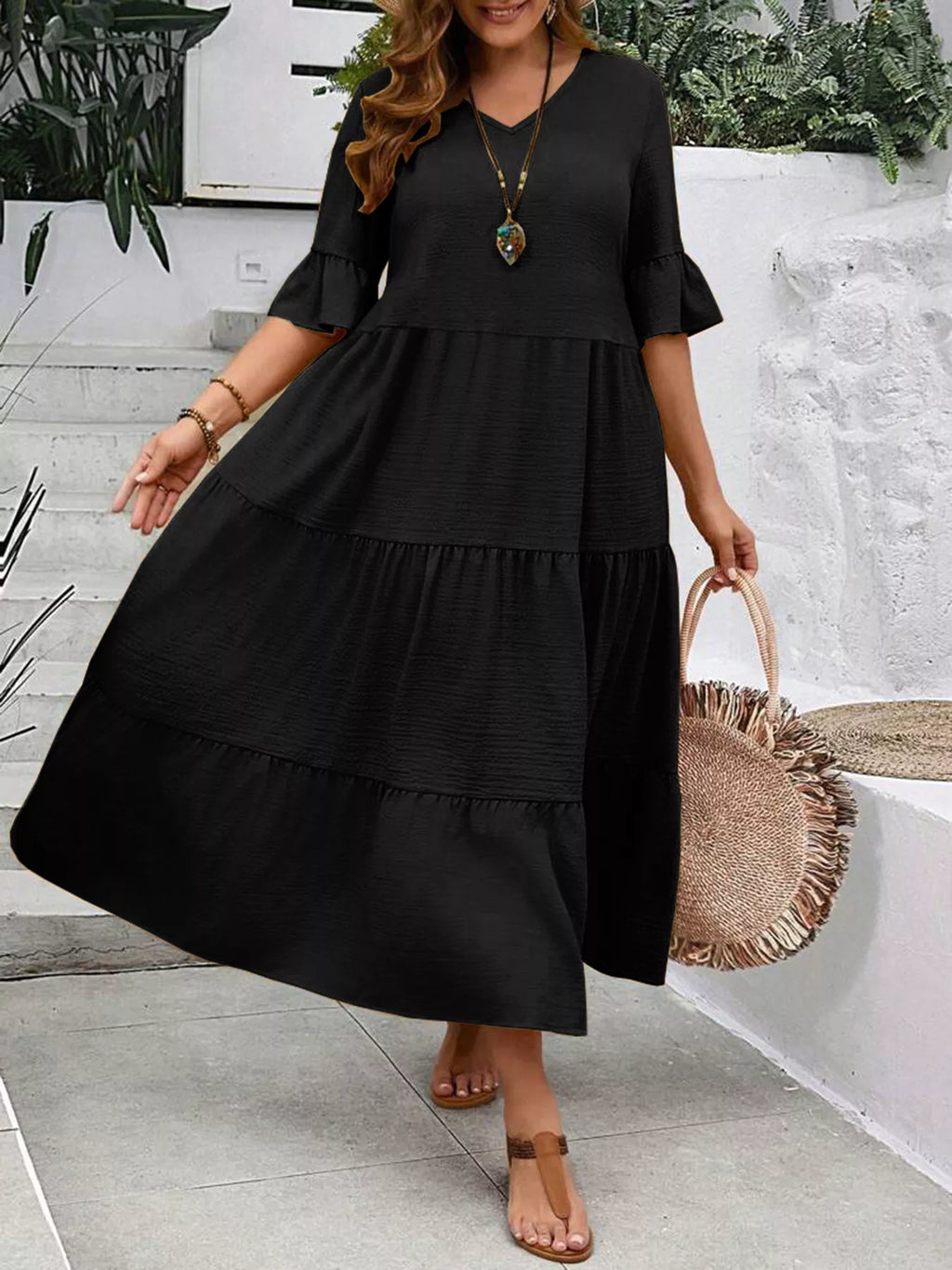 Ruffle Sleeves Tiered Midi Dress