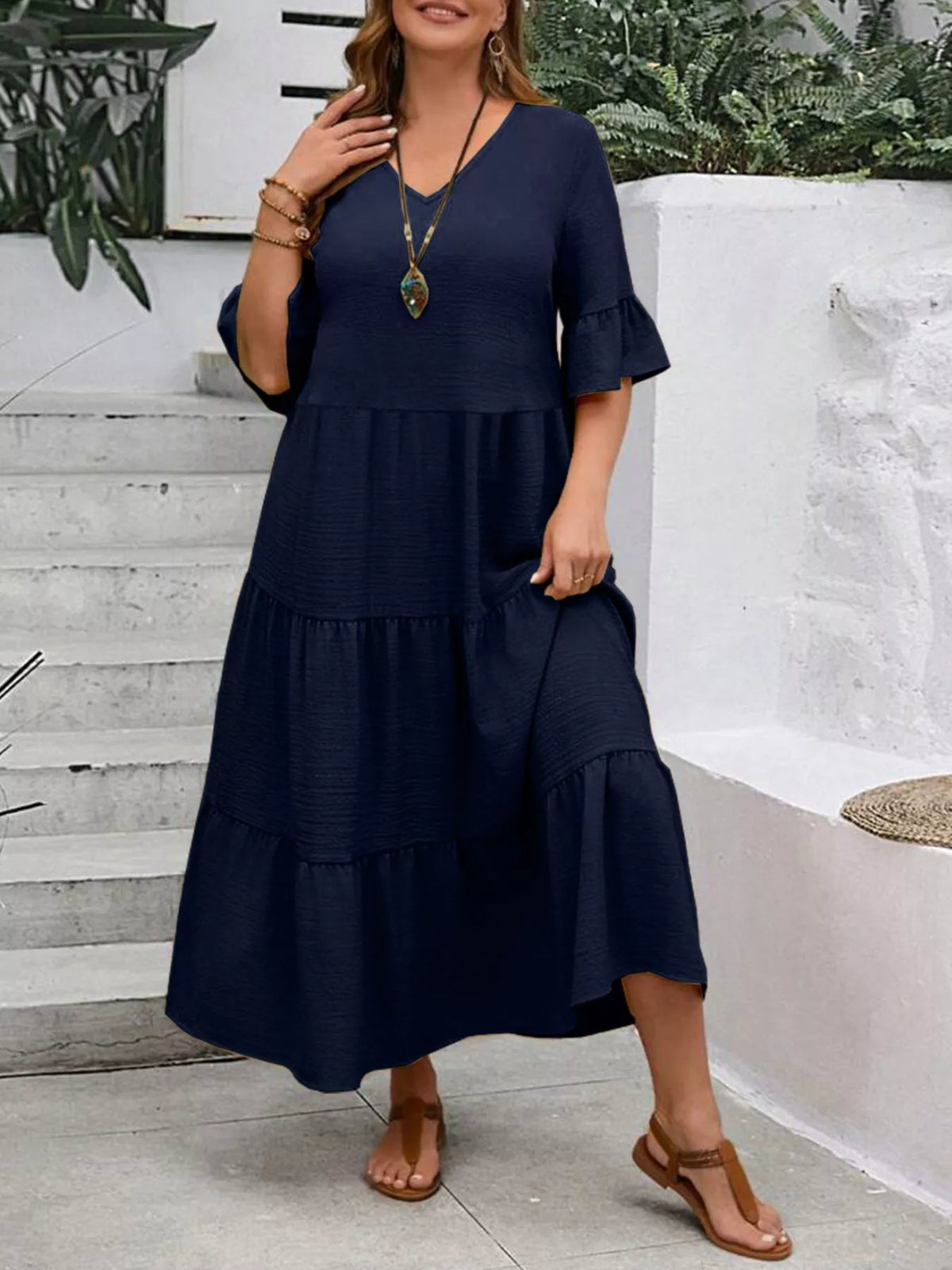 Ruffle Sleeves Tiered Midi Dress