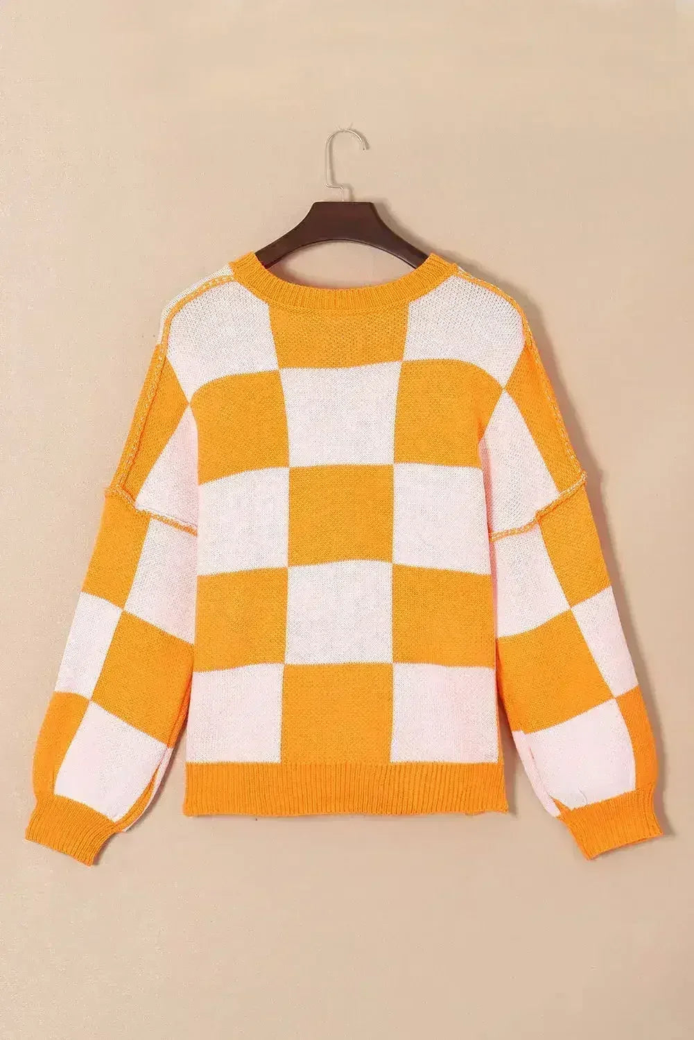 Orange Checkered Bishop Sleeve Sweater - Femstylo