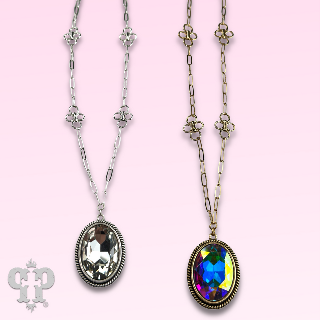 Large oval crystal pendant and flower chain necklace