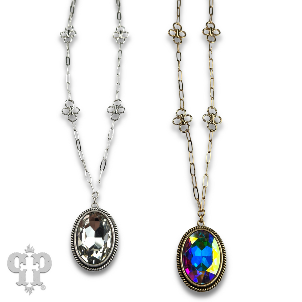 Large oval crystal pendant and flower chain necklace