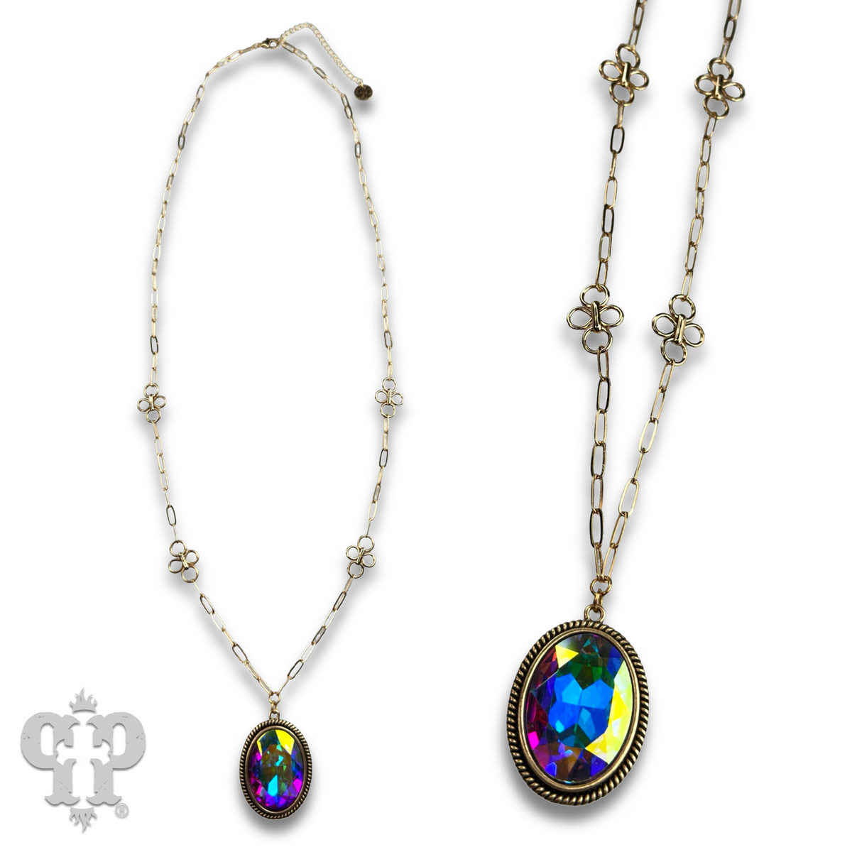 Large oval crystal pendant and flower chain necklace
