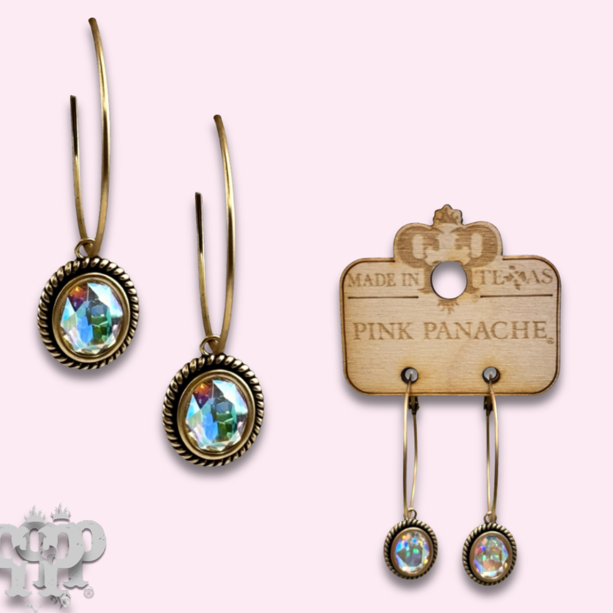 Small oval rhinestone drop on medium hoop earring