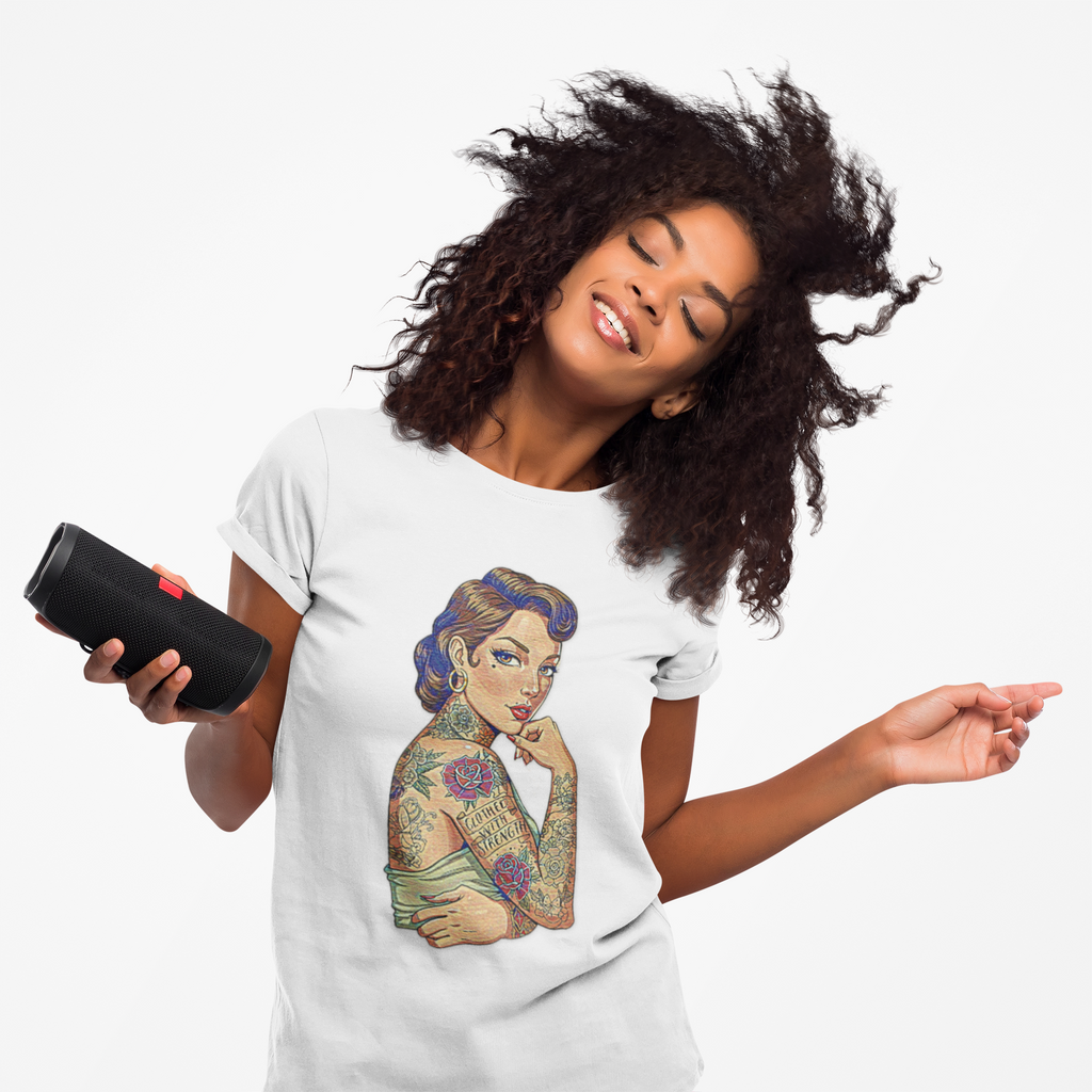Clothed With Strength Tattooed Pin Up Vintage Graphic Tee