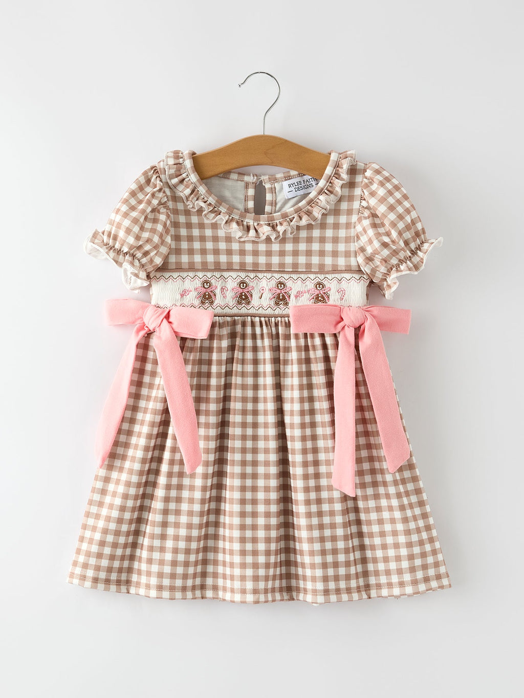 Christmas Vintage-Style Plaid Dress with Embroidered Gingerbread and Bows