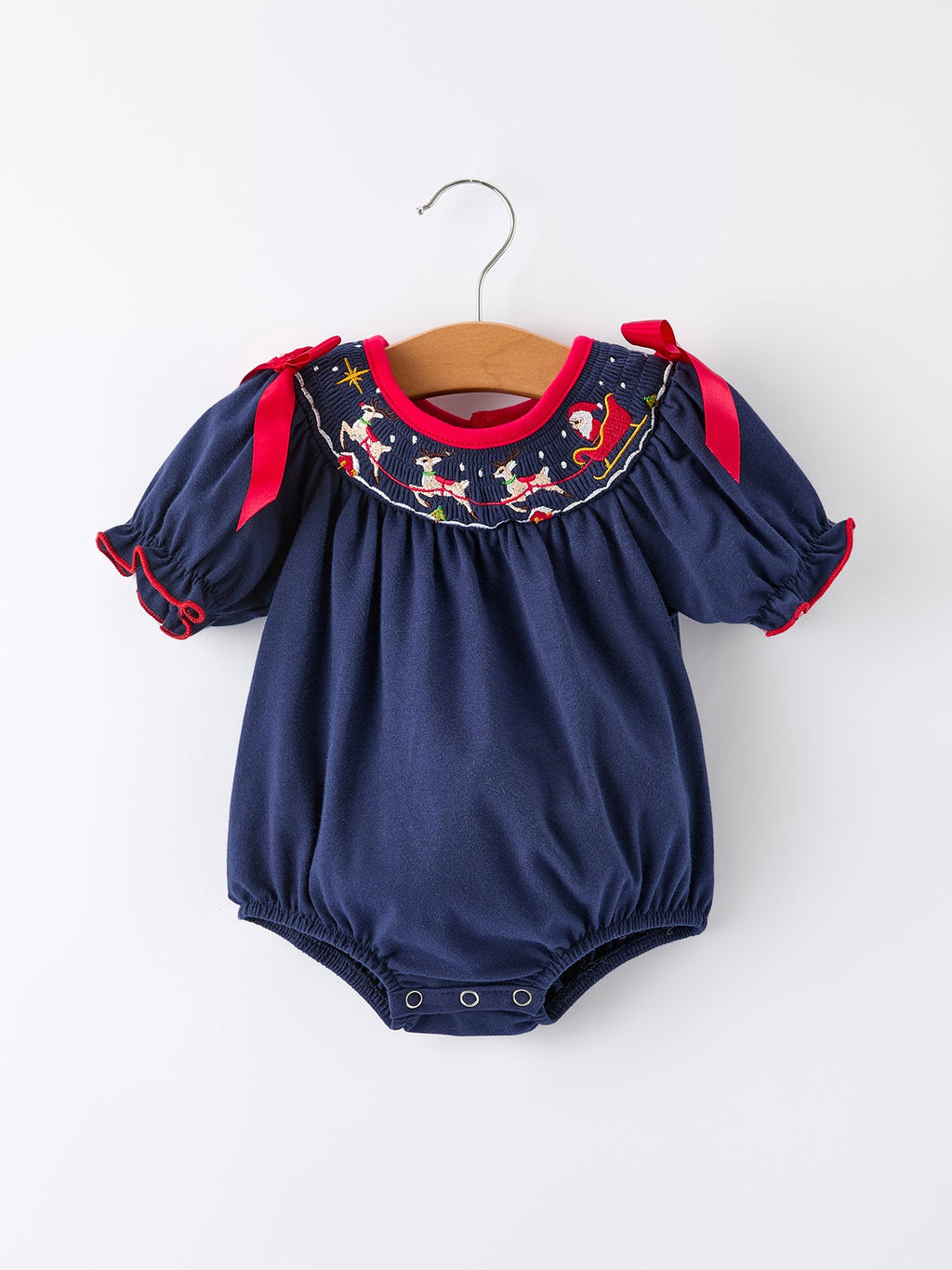 Christmas Holiday Celebration Baby Girls Romper: Navy with Santa Sleigh
