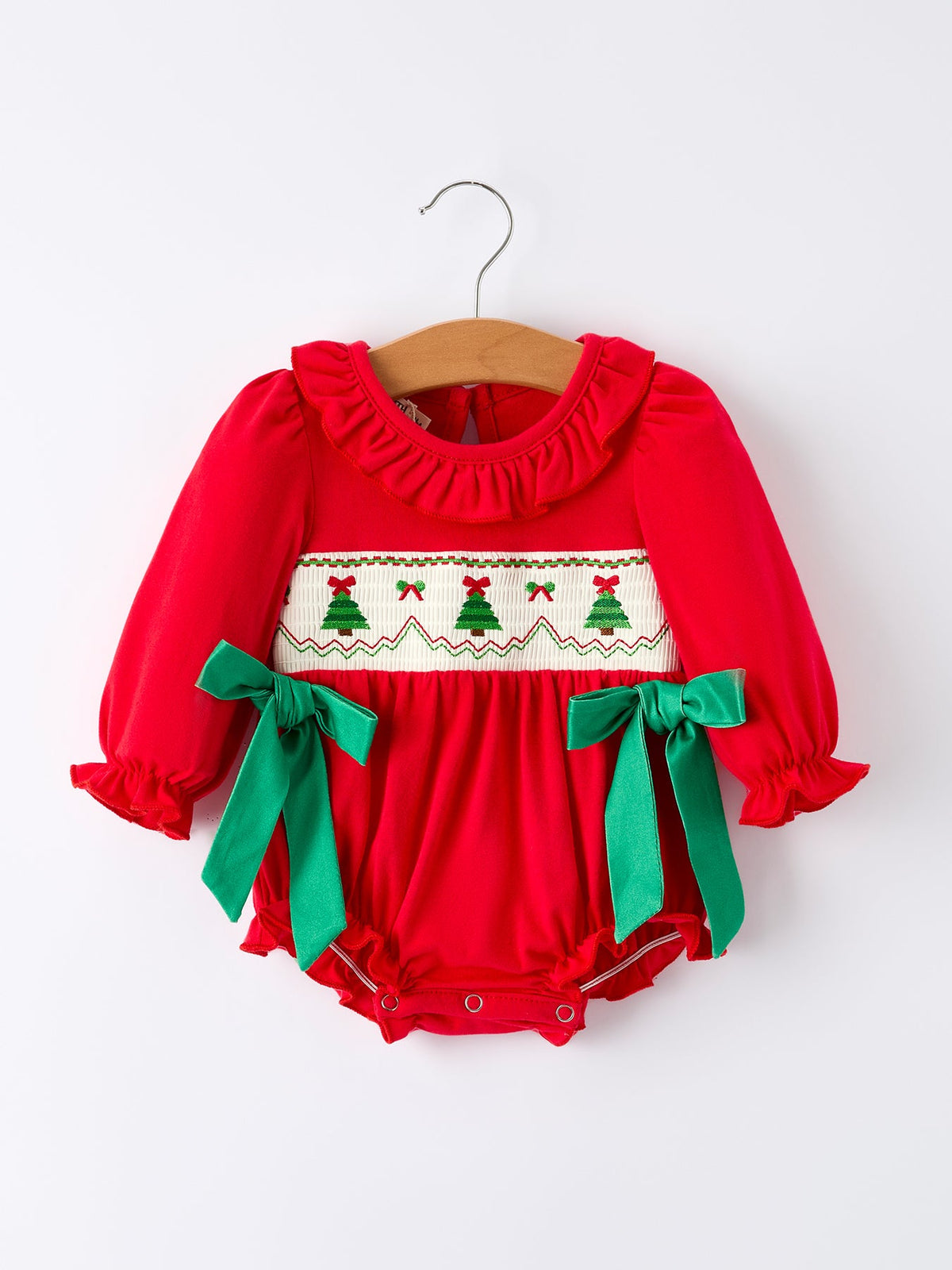 Christmas Smocked Girls Romper with Green Bow and Tree Embroidery