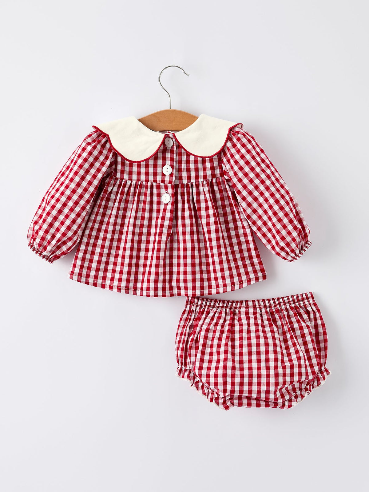 Christmas Tree Embroidery Red Gingham Long Sleeve Baby Girl Bloomers Set