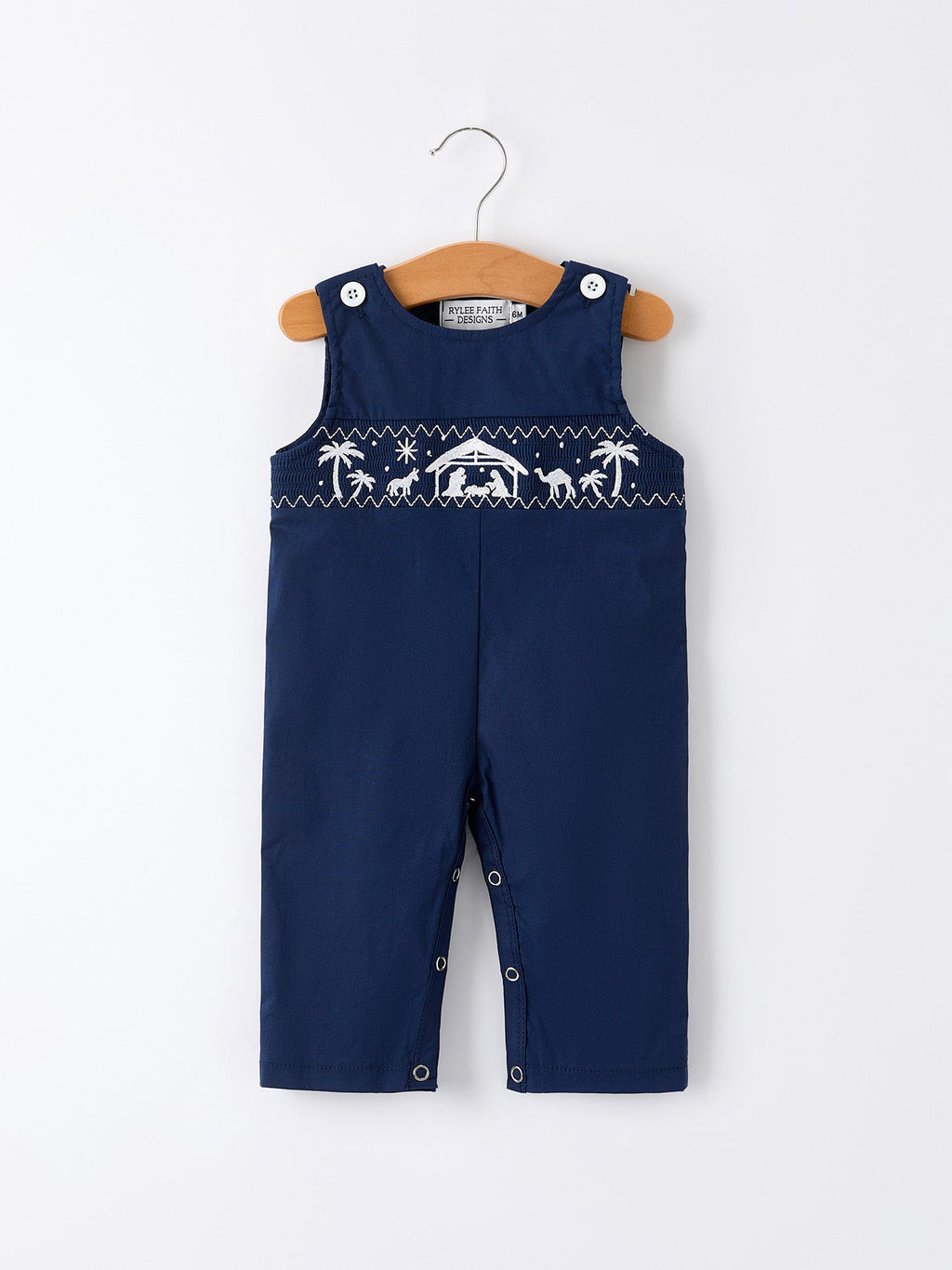Christmas Navy Blue Nativity Smocking Embroidered Baby Boy Romper
