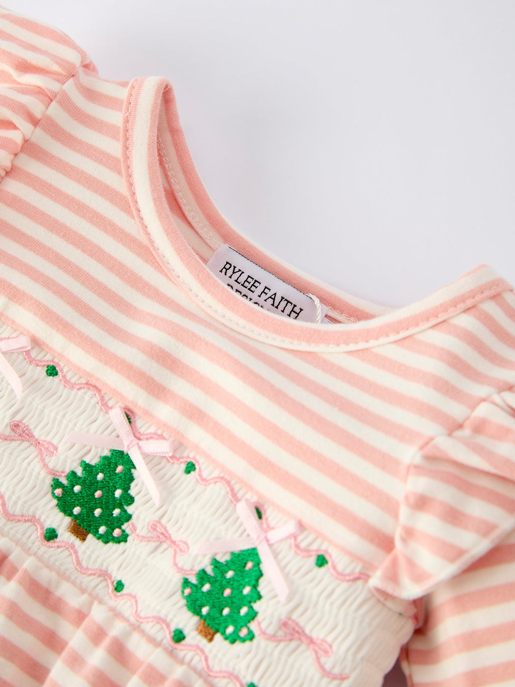 Christmas Tree Smocked Embroidery Stripe Baby Girls Romper