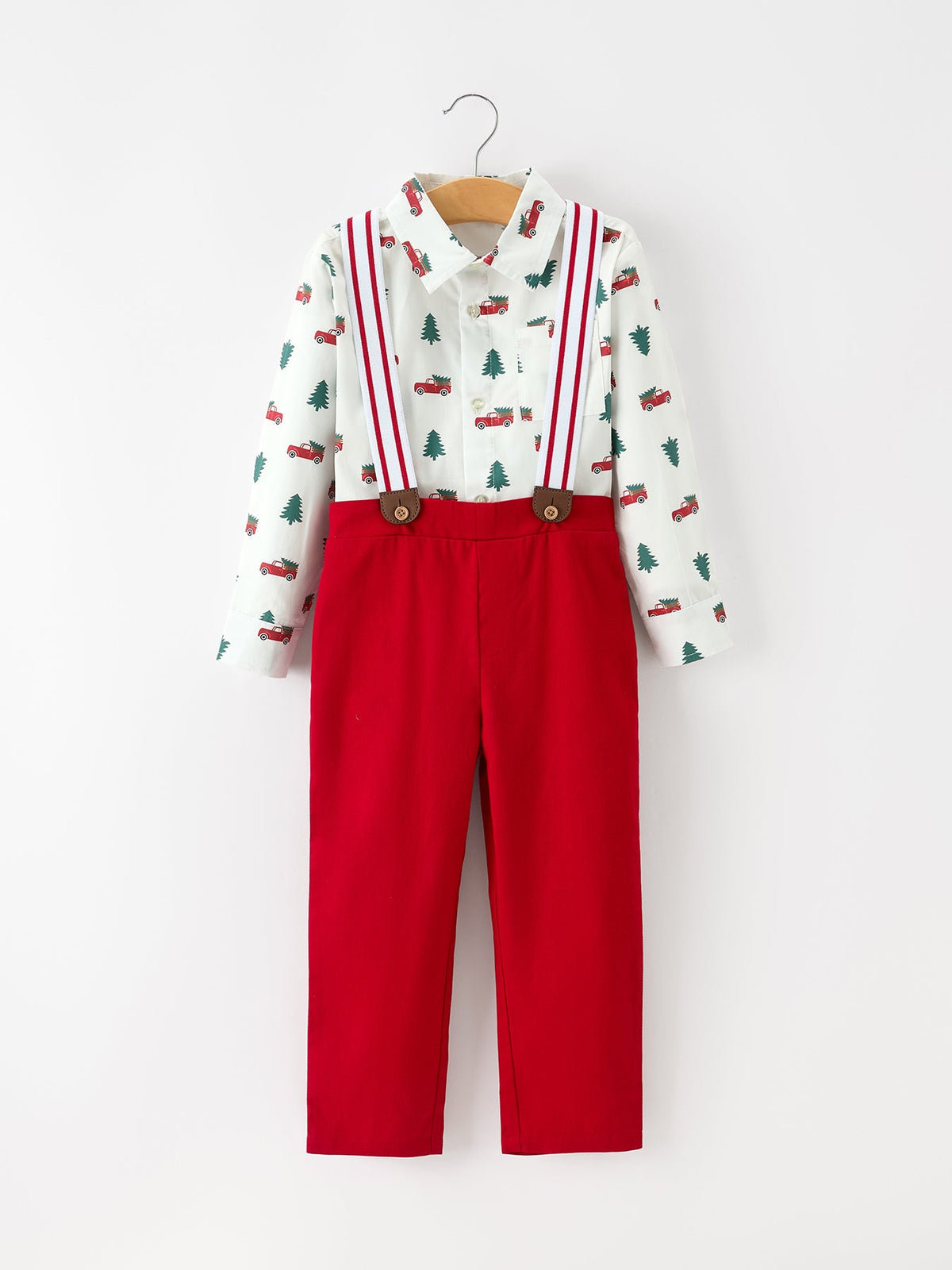 Christmas Boys Christmas Tree Truck Print Shirt & Red Suspender Pants Set