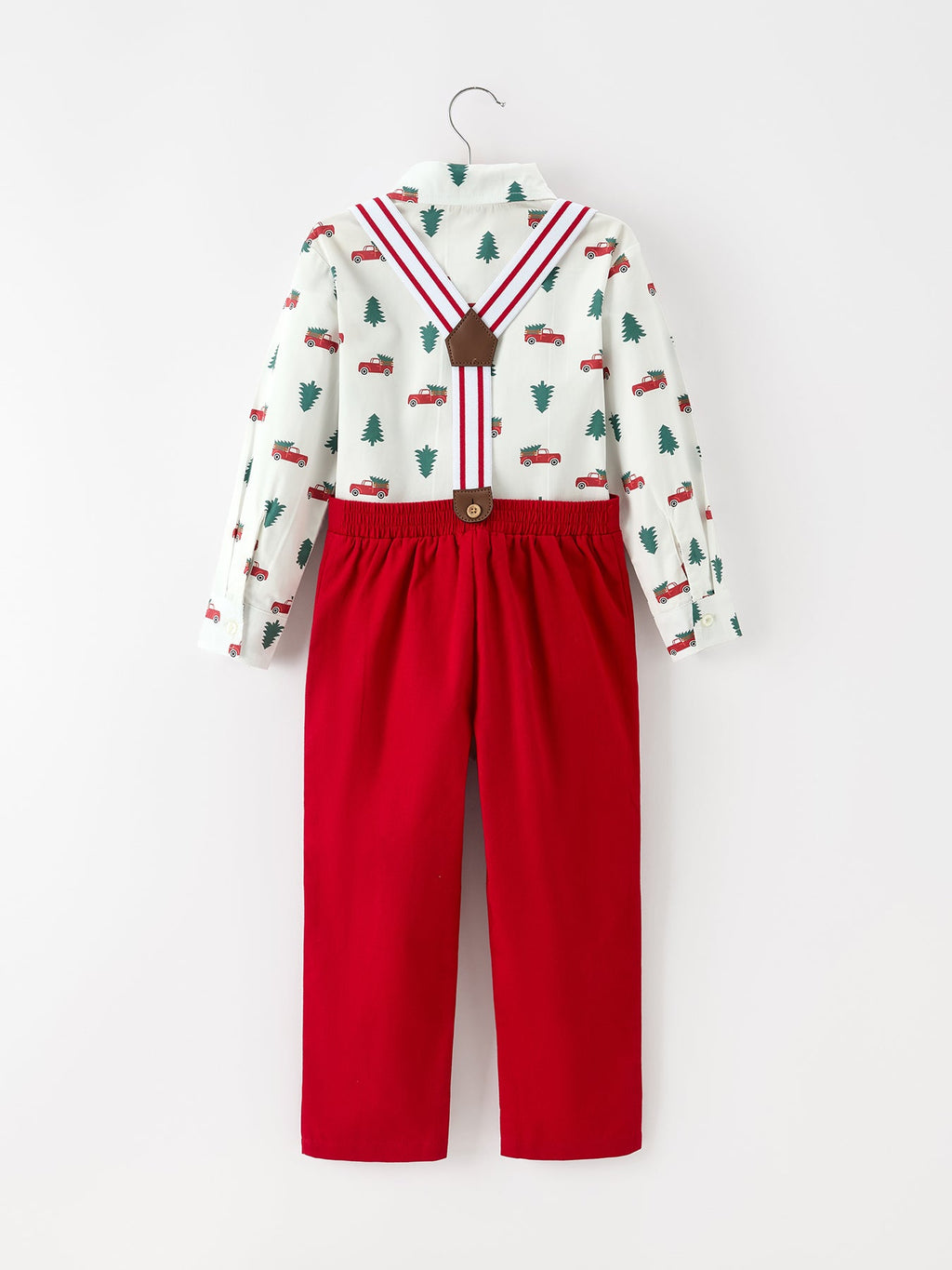 Christmas Boys Christmas Tree Truck Print Shirt & Red Suspender Pants Set
