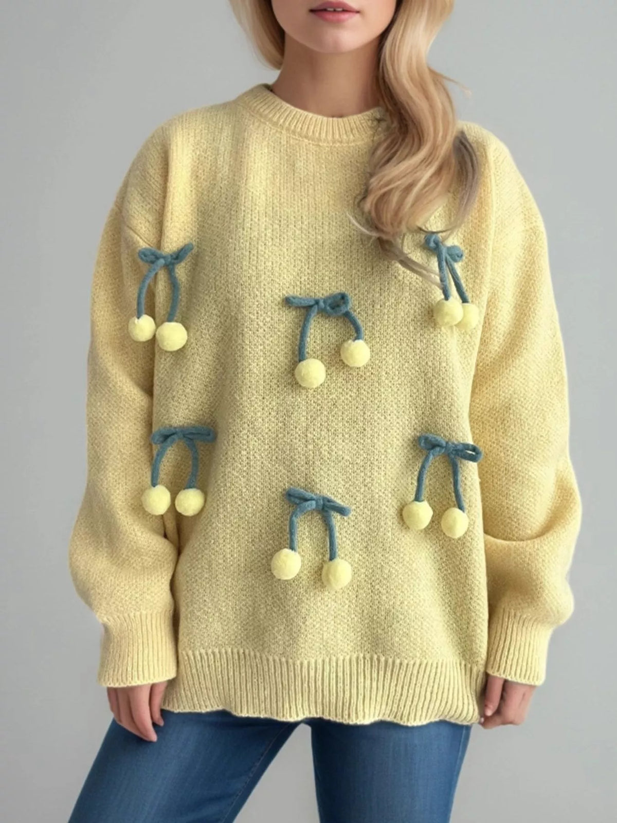 Cherry Pom-Pom Knit Round Neck Sweater