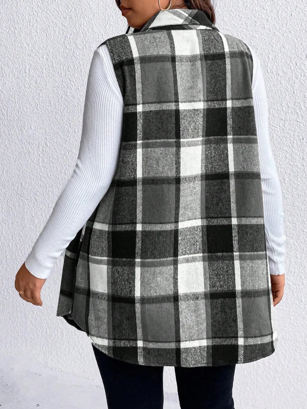 Pocketed Plaid Button Up Vest Coat