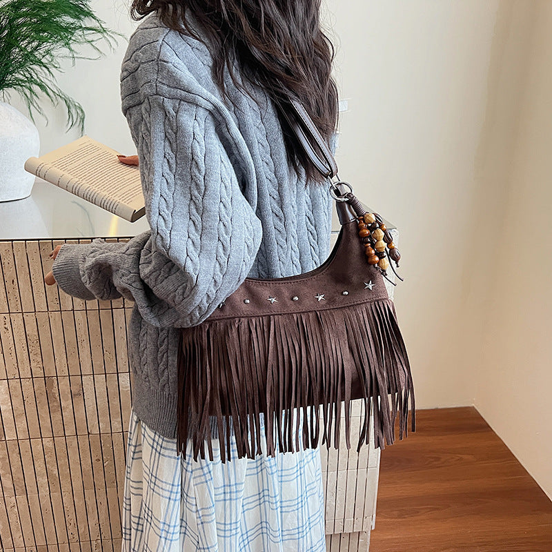 Suede Single-shoulder Crossbody Bag With Tassels