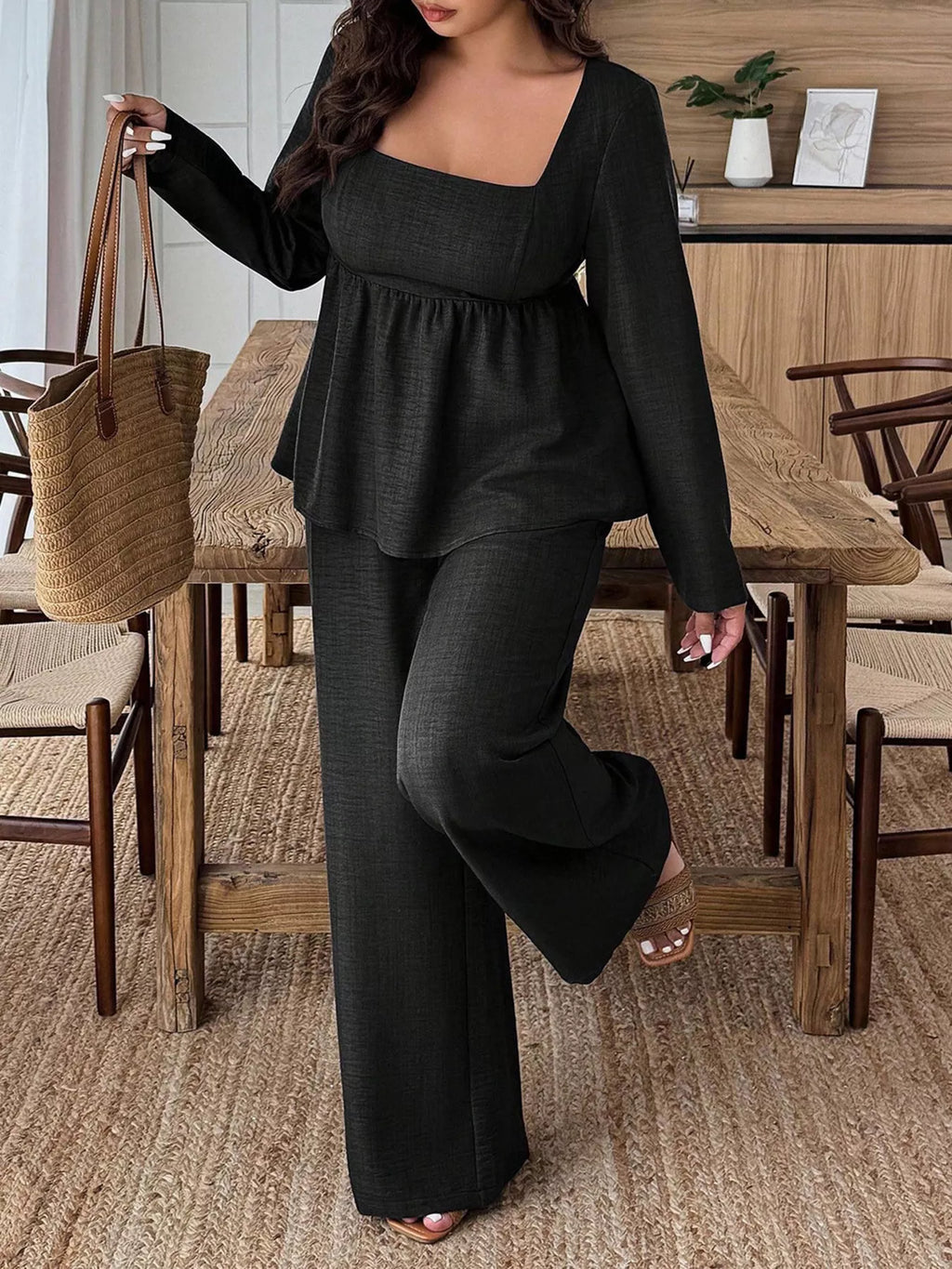 Square Neck Long Sleeve Top and Pants Two-Piece Set