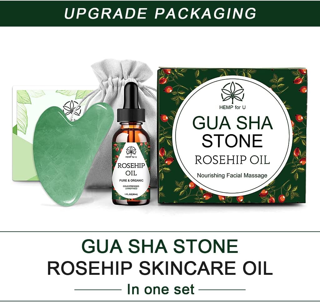 Gua Sha Massage Tools & Rosehip Oil In One Set, Nature Jade Stone Facial Gua Sha Products For Skin Massage, Beauty And Moisturizing -