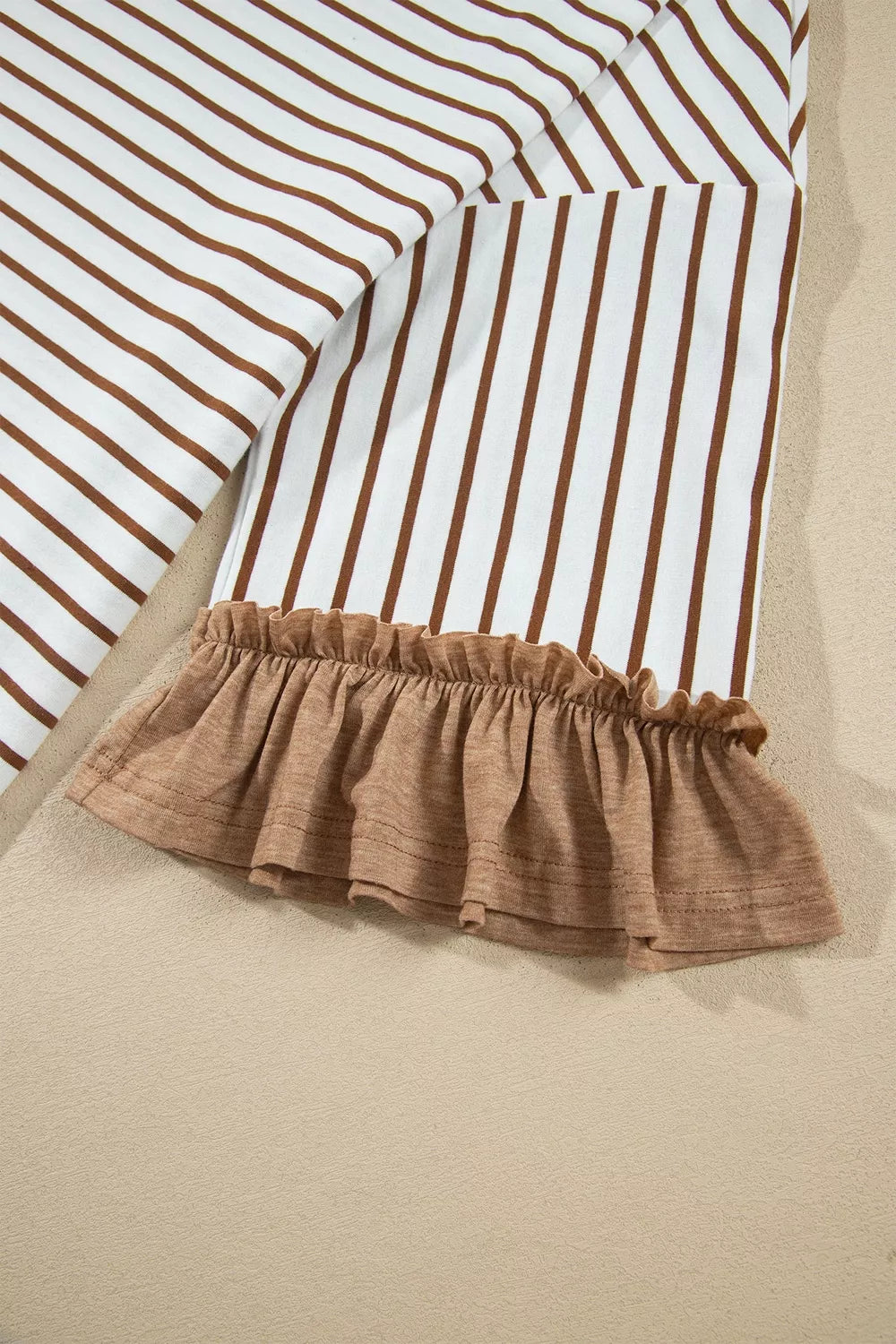Stripe V Neck Ruffle Contrast Sleeve Top Drawstring Pants 2pcs Set