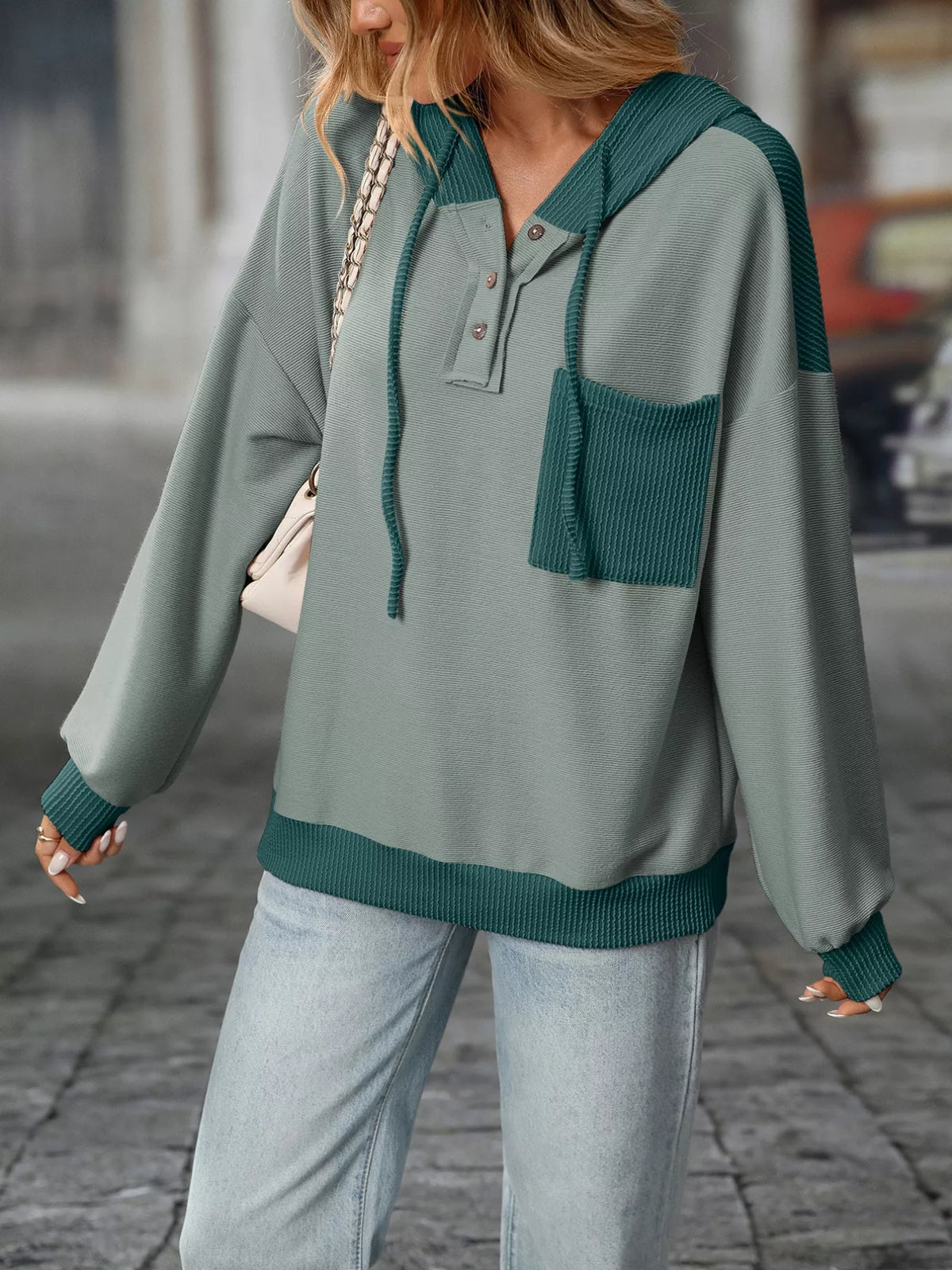 Casual Color Block Button Detail Hoodie