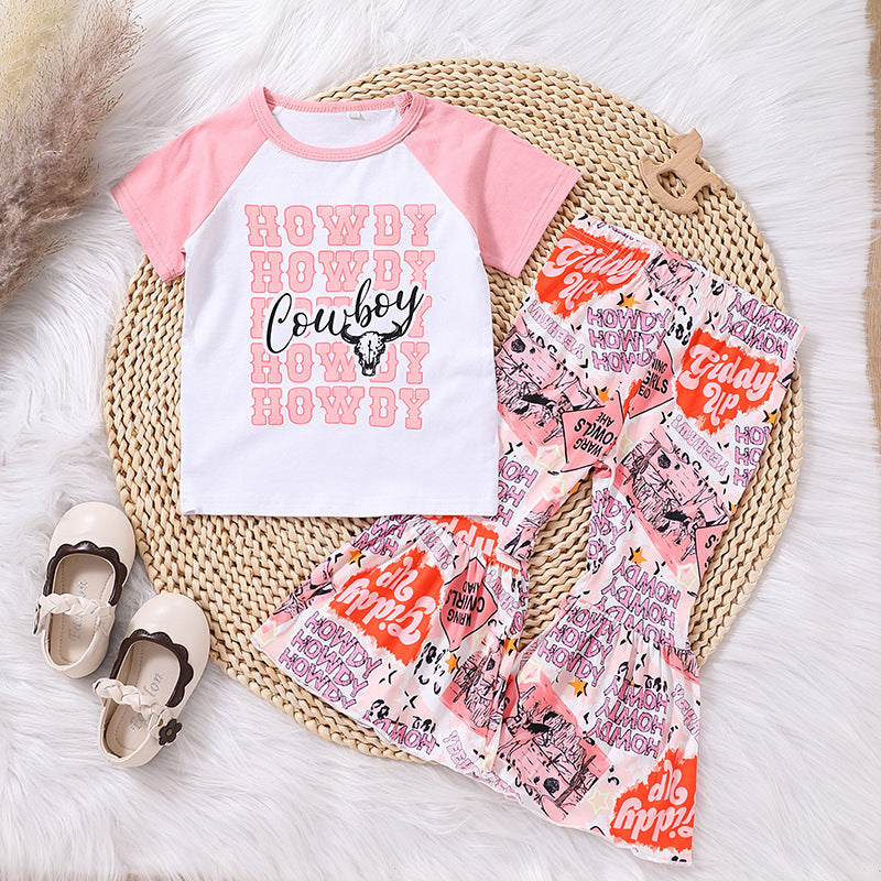 Children Girls' Contrast Color Letter Denim Printing Suit