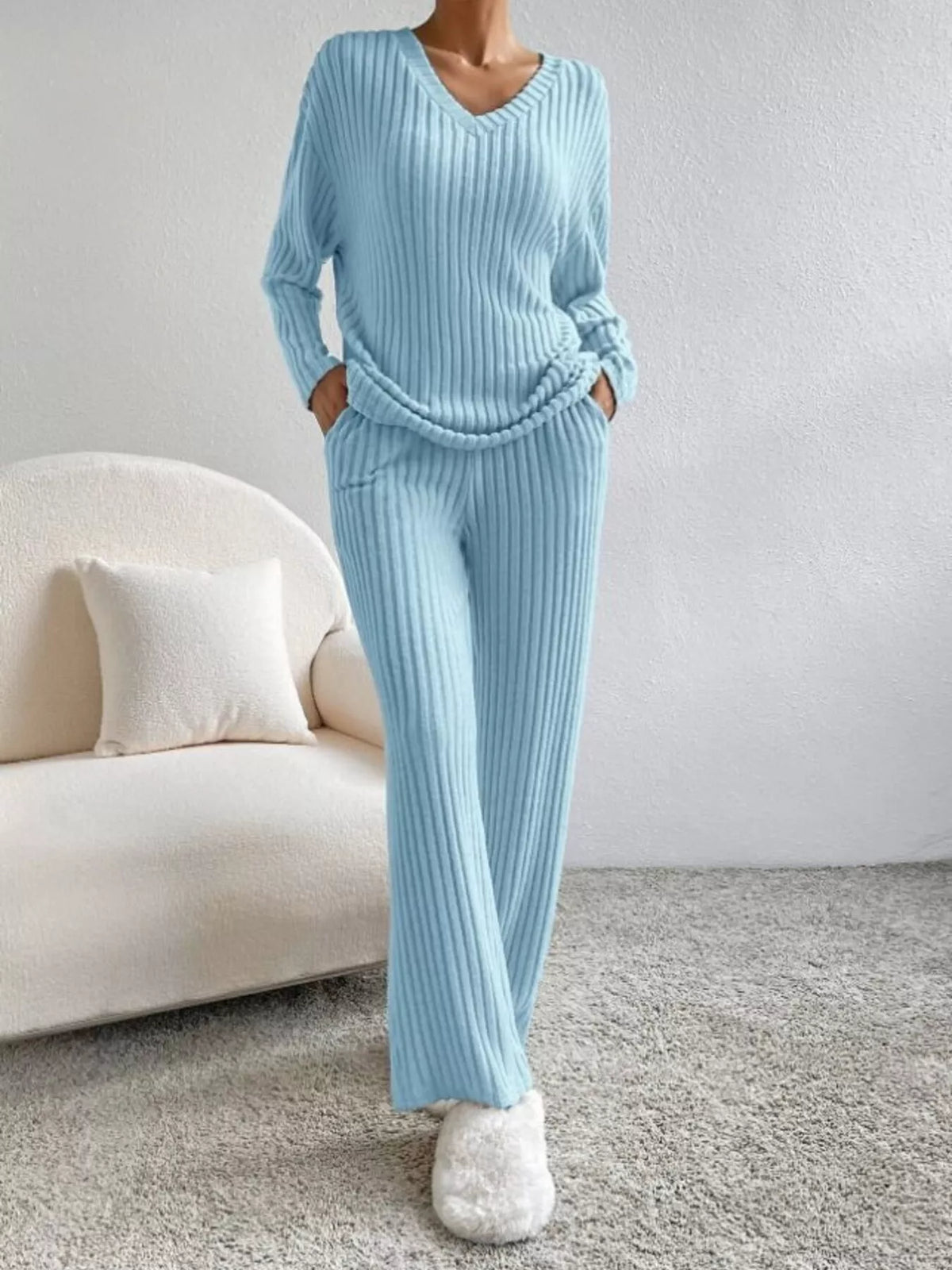 Ribbed Knit V-Neck Top and Pants Set