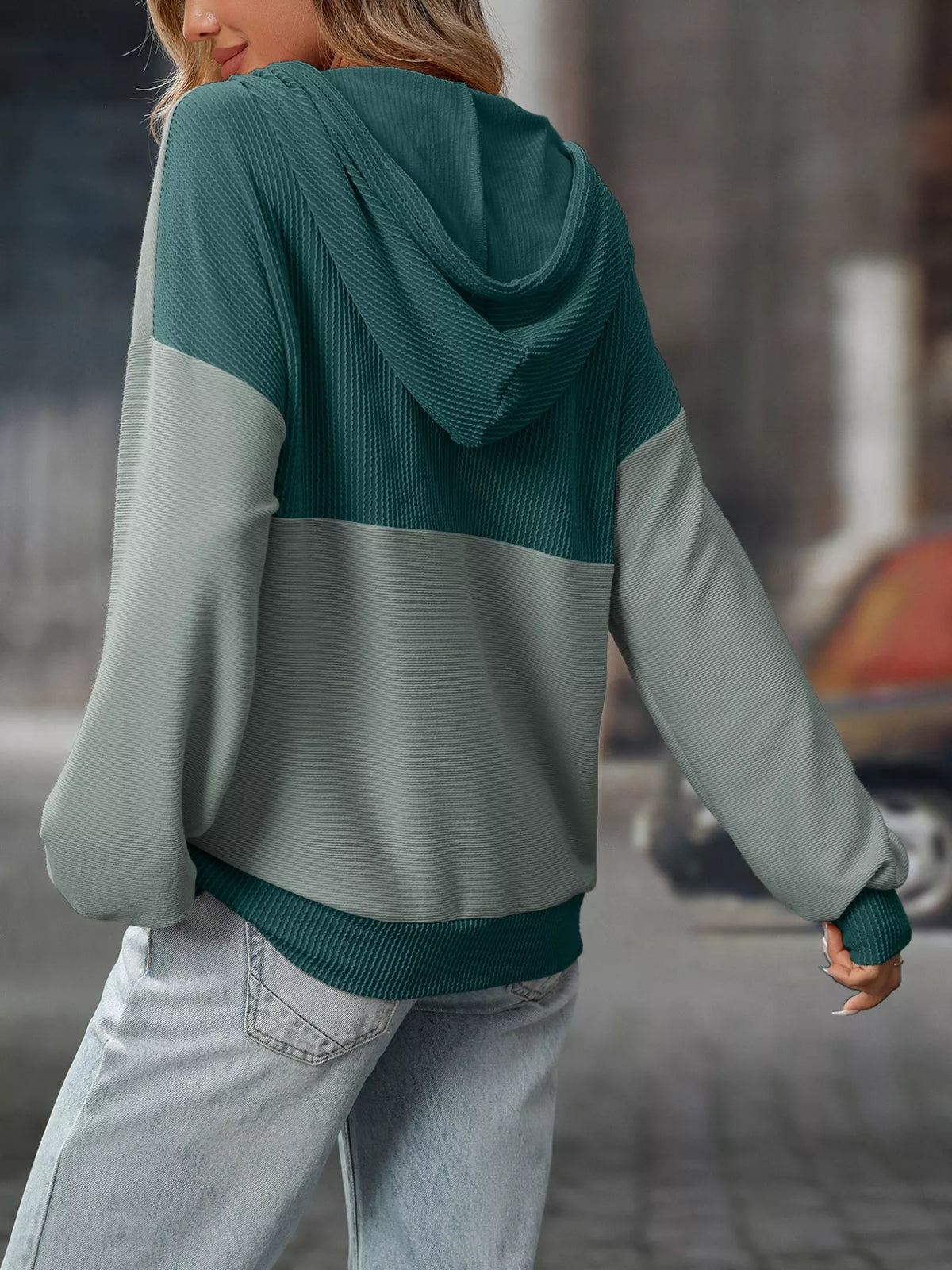 Casual Color Block Button Detail Hoodie