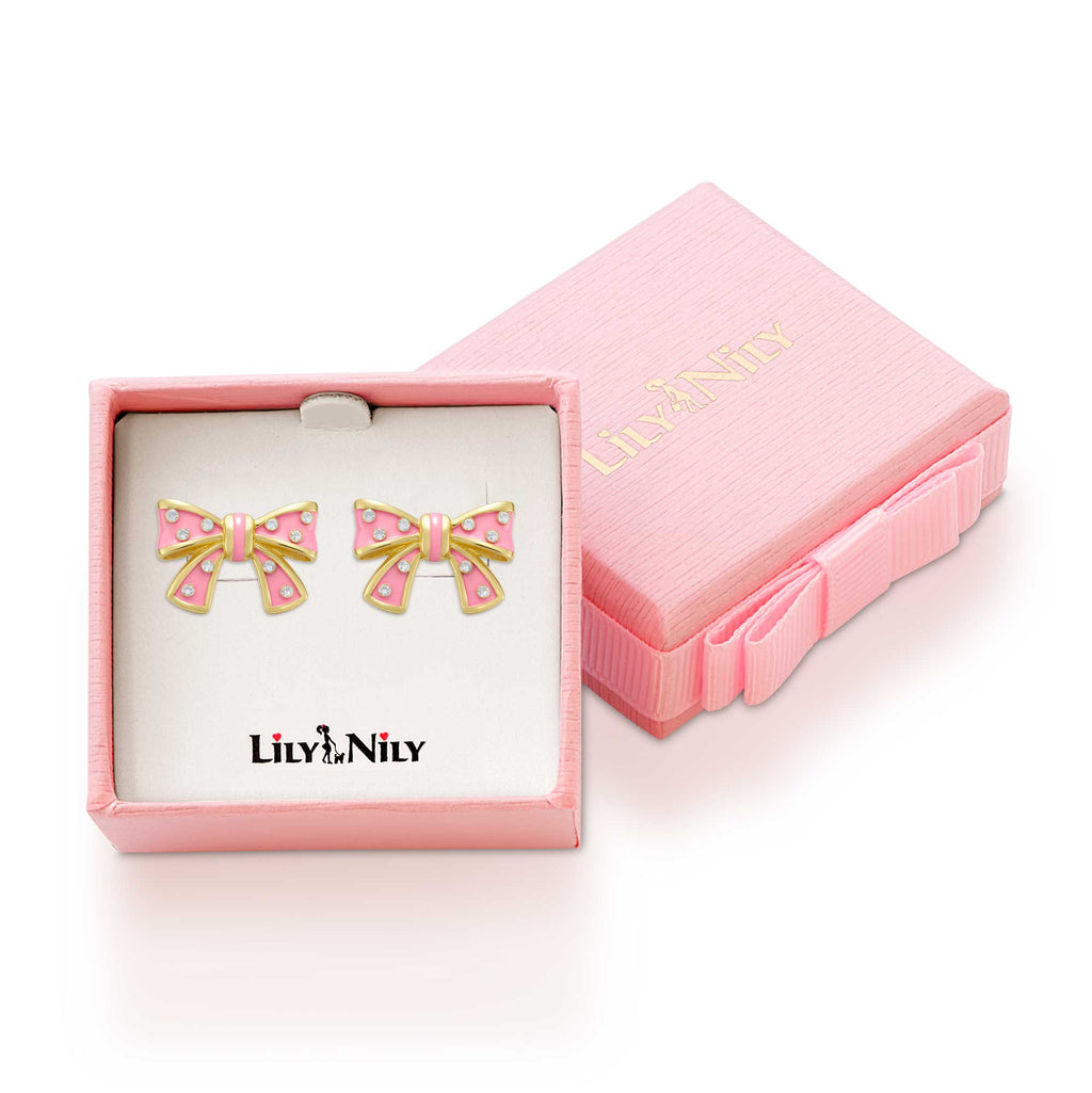 Bow Stud Earrings with Crystals (Pink)
