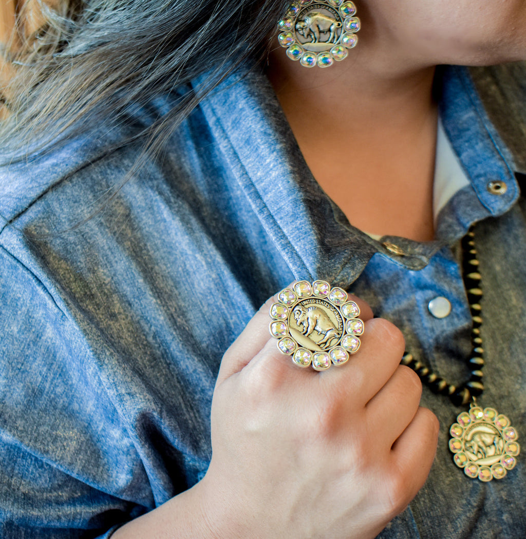 Buffalo nickel and rhinestone ring