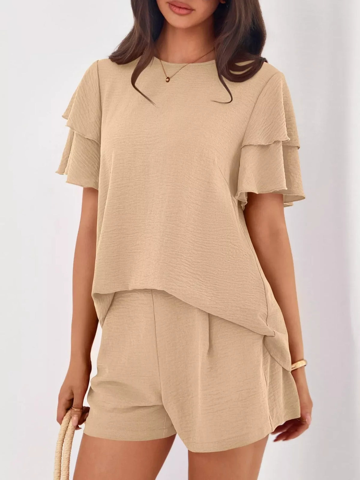 Ruffle Sleeve Top and Shorts Two-Piece Set