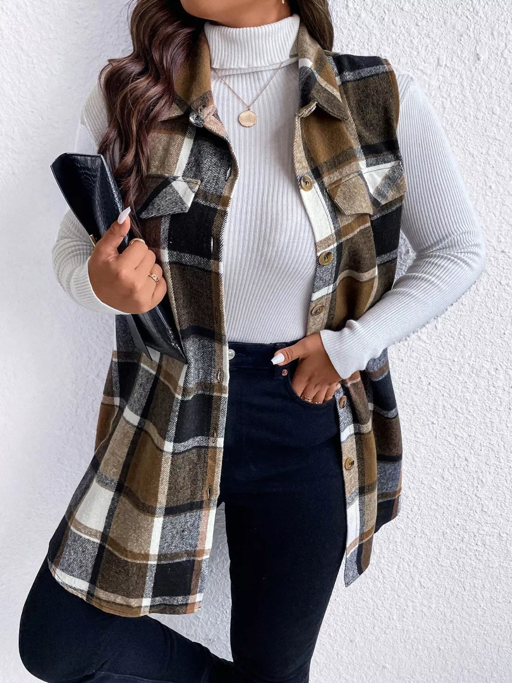 Pocketed Plaid Button Up Vest Coat
