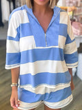 Stripe Seam Detail Half Zip Oversize Tee Casual Shorts 2pcs Set