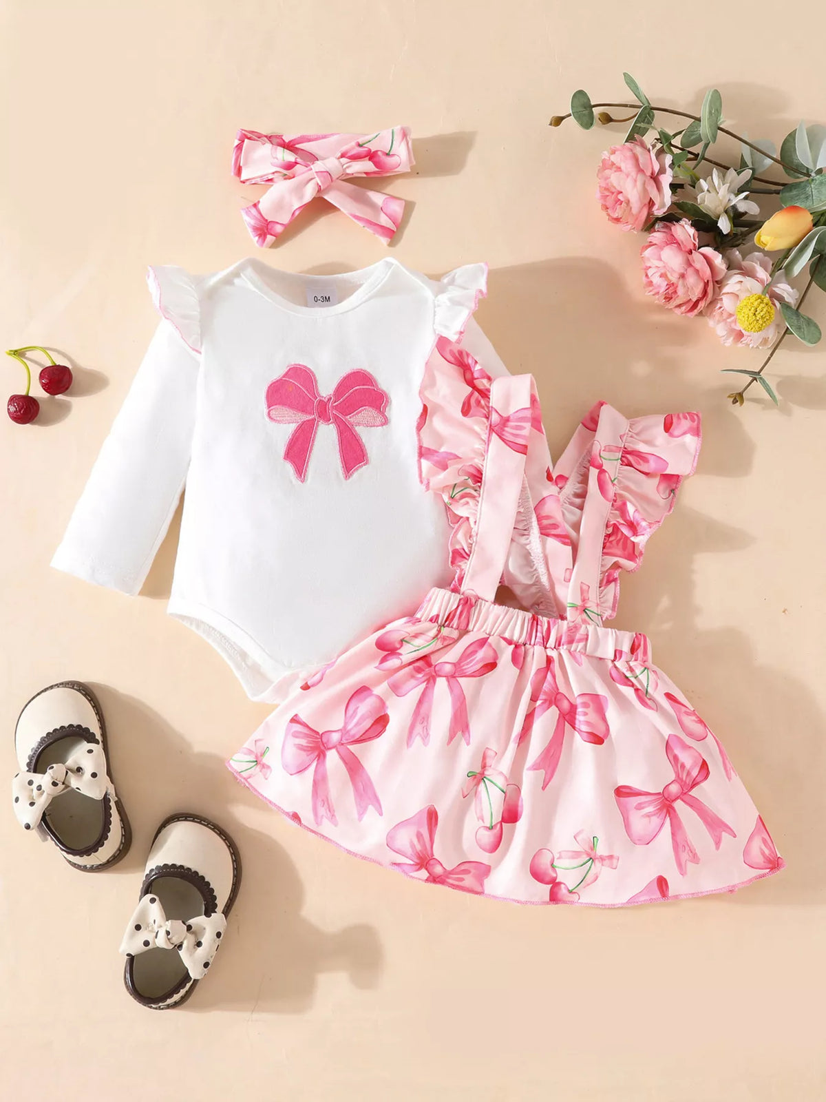 Children's Bowknot Print Ruffle Trim 3 Piece Set
