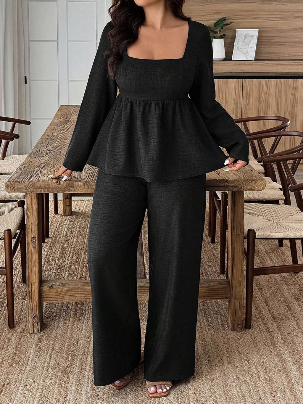 Square Neck Long Sleeve Top and Pants Two-Piece Set