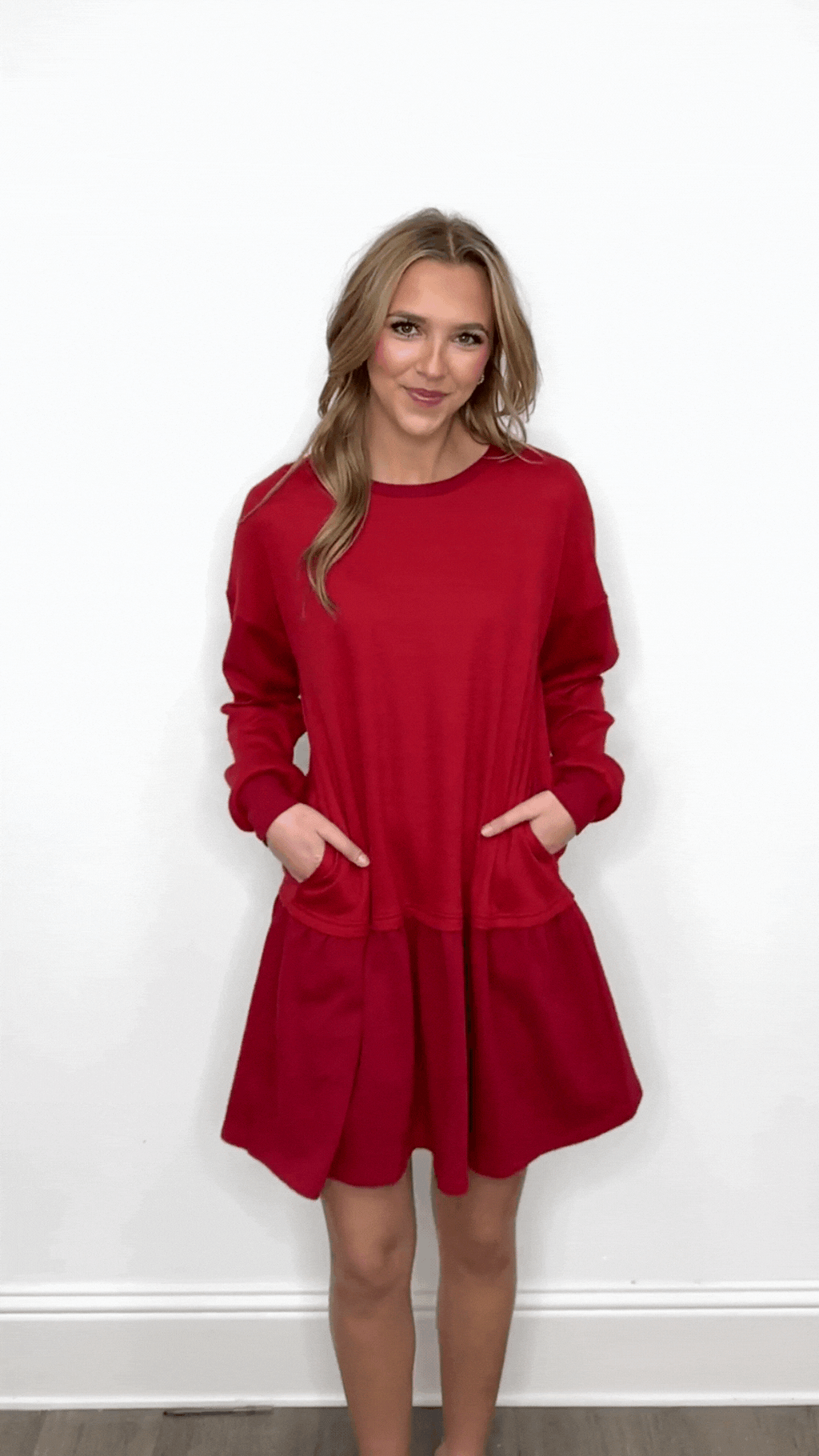 Waffle Knit Long-Sleeve Dress, Red