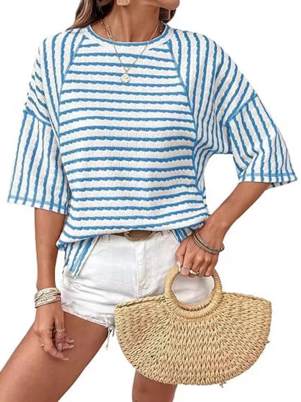 Striped Knit Round Neck T-Shirt