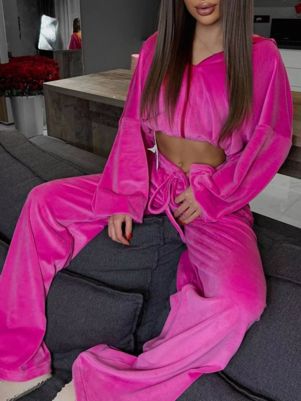 Zip Up Hoodie and Wide-Leg Pants Set