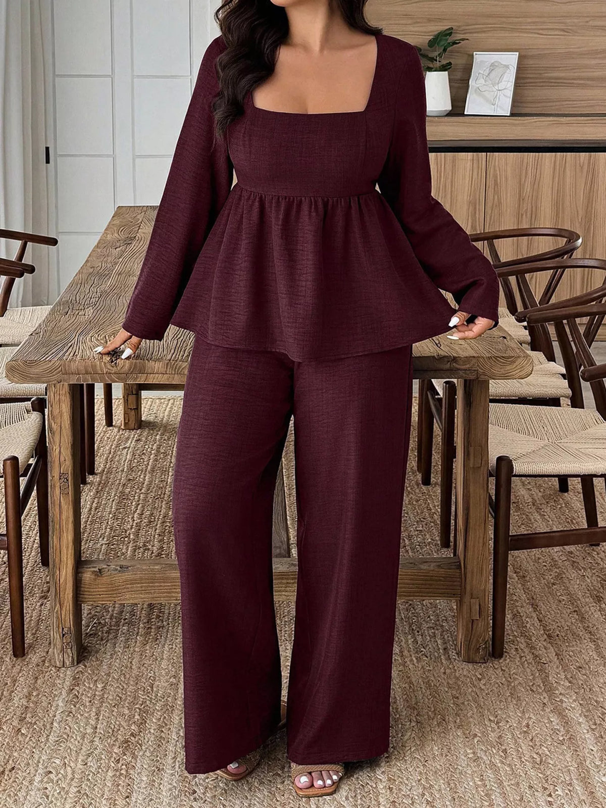 Square Neck Long Sleeve Top and Pants Two-Piece Set