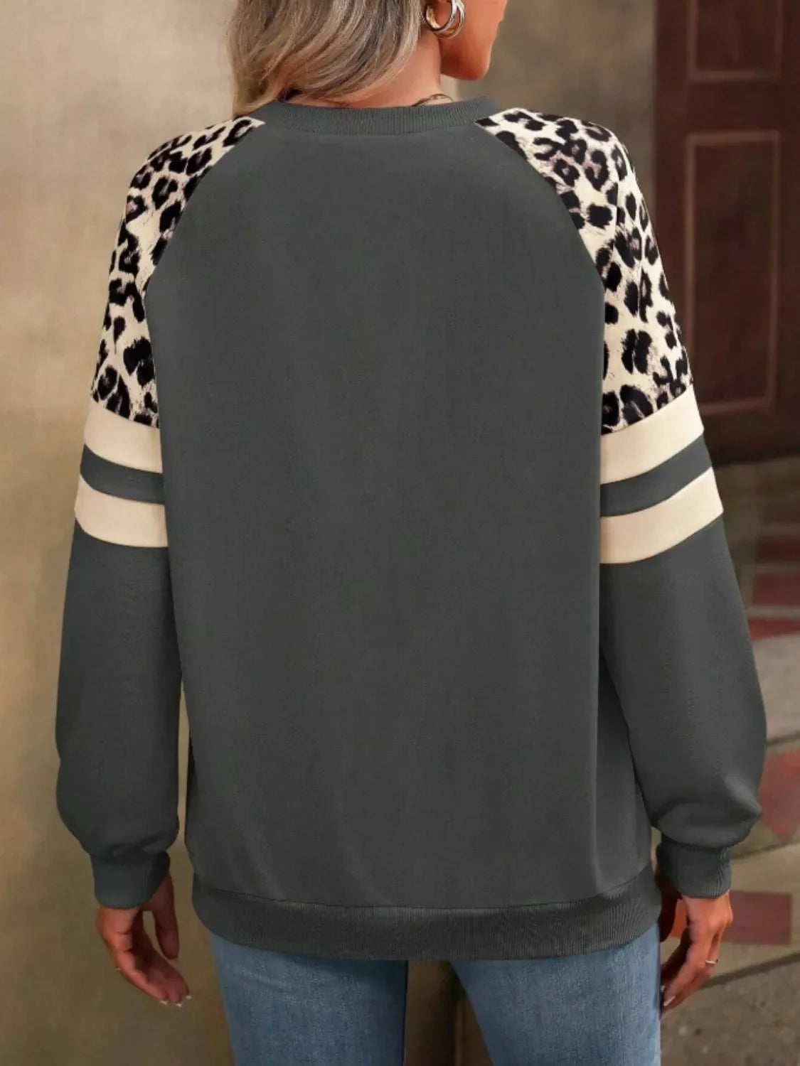 Leopard Raglan Sleeve Striped Sweatshirt