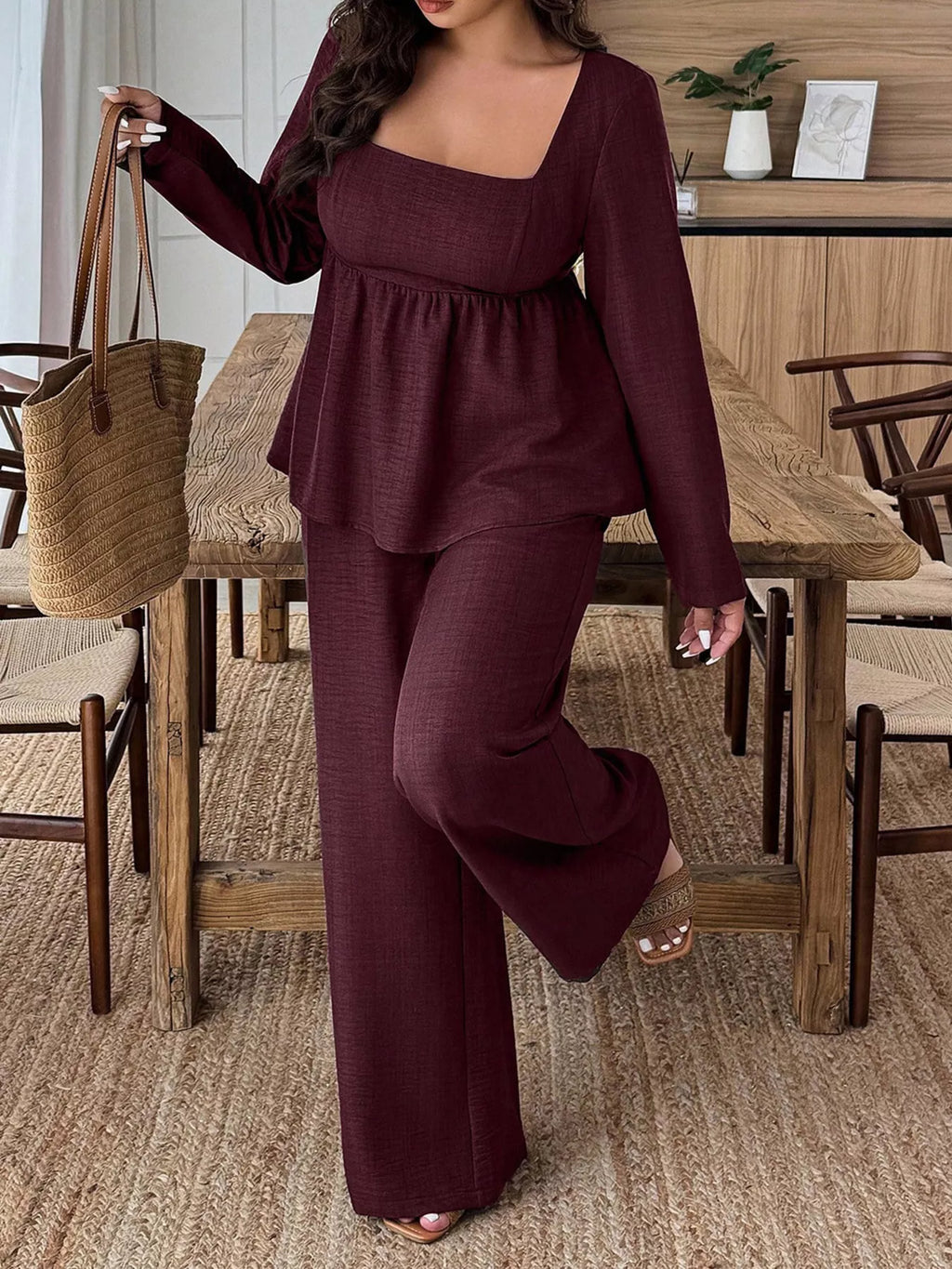 Square Neck Long Sleeve Top and Pants Two-Piece Set