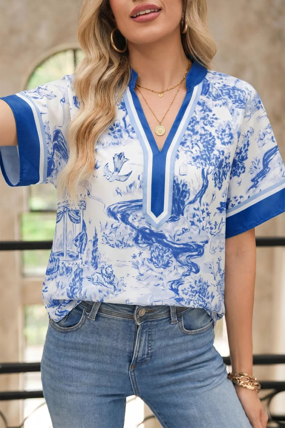 Wild Animal Paradise Contrast V Neck Raglan Sleeve Blouse