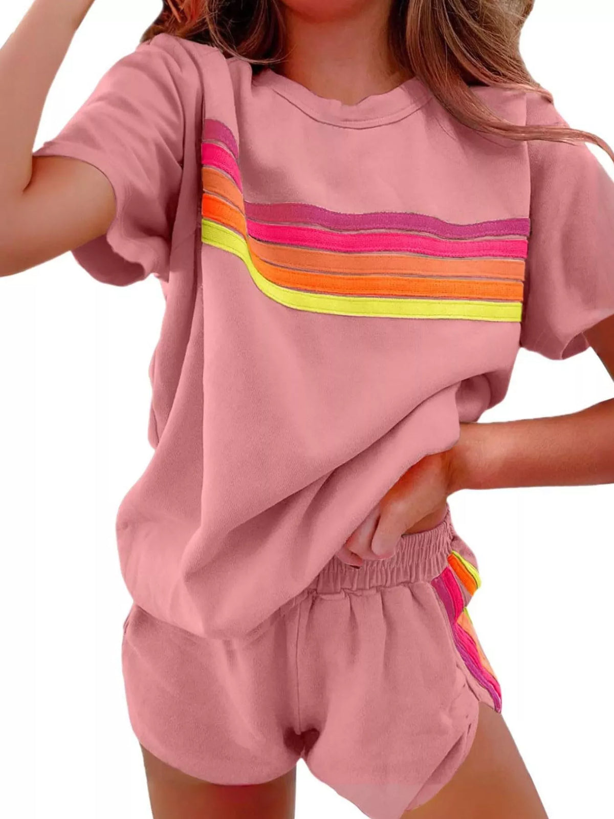 Rainbow Striped Round Neck Top and Shorts Set