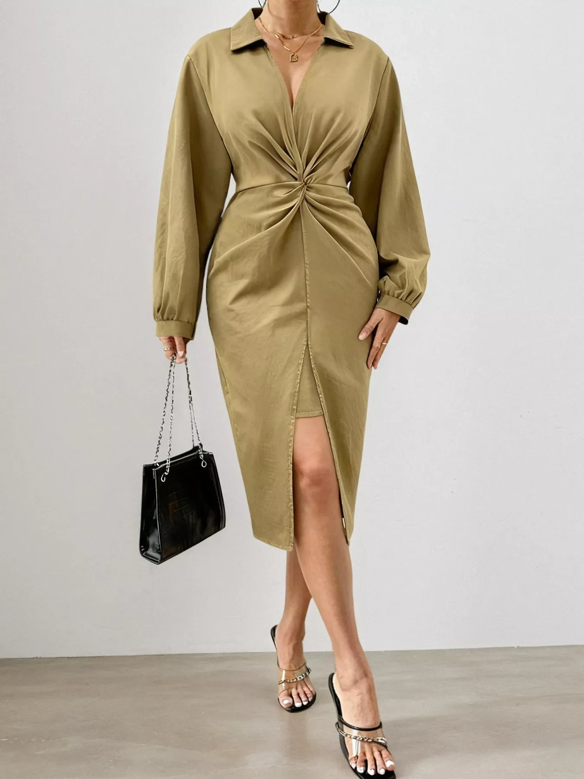 Twist Front Split Midi Dress