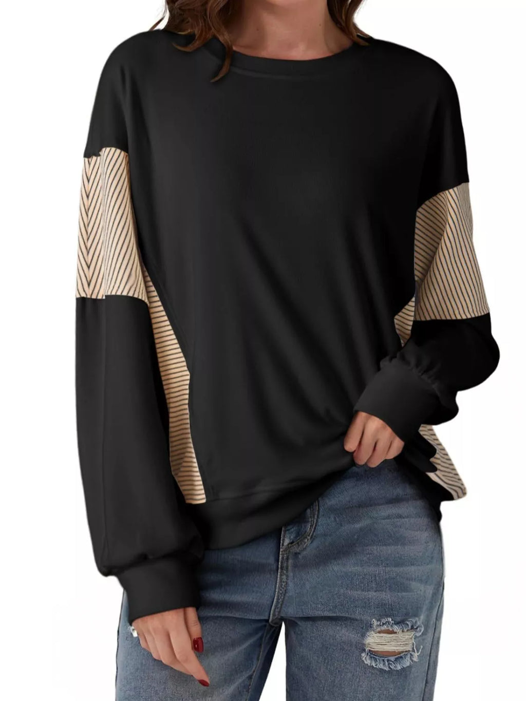 Color Block Striped Sleeve Casual Sweatshirt