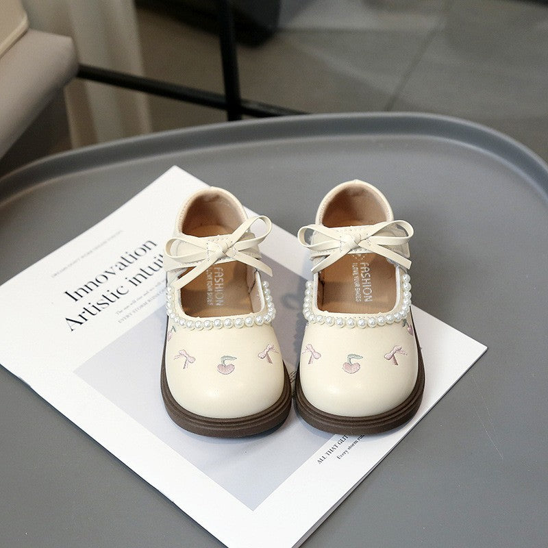 New Spring Girls Leather Shoes, Toddler Sweet Cherry & Bow Princess Shoes, Pearl Trim Soft Sole Kids Flats